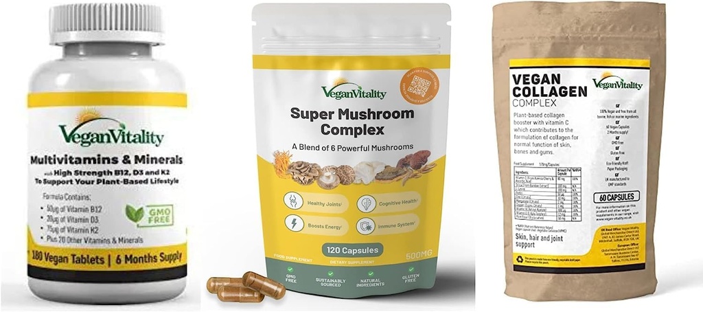 Vegansk Vitality Booster Kosttilskud Bundle - Vegansk multivitaminer, Collagen og Super Mushroom Complex. Høj styrke Plant- baseret formel for samlet sundhed for Veganere og Vegetarer