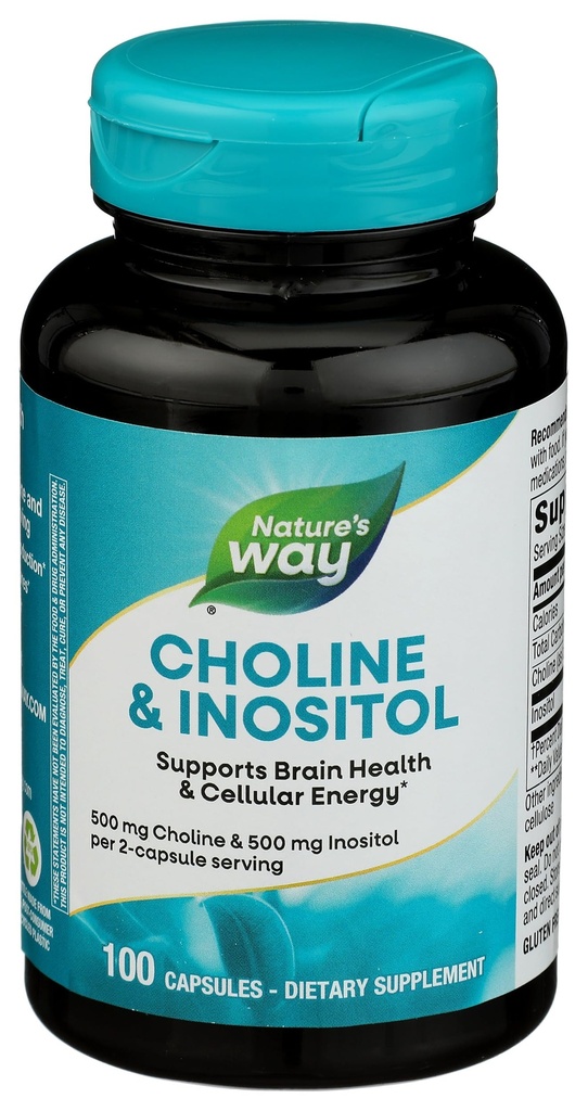 Nature 's Way Cholin & Inositol, Understøtter Brain Health & Cellular Energy *, 500 mg Cholin & 500 mg Inositol per 2- kapsel servering, Gluten Free, 100 kapsler (Packaging May Vary)