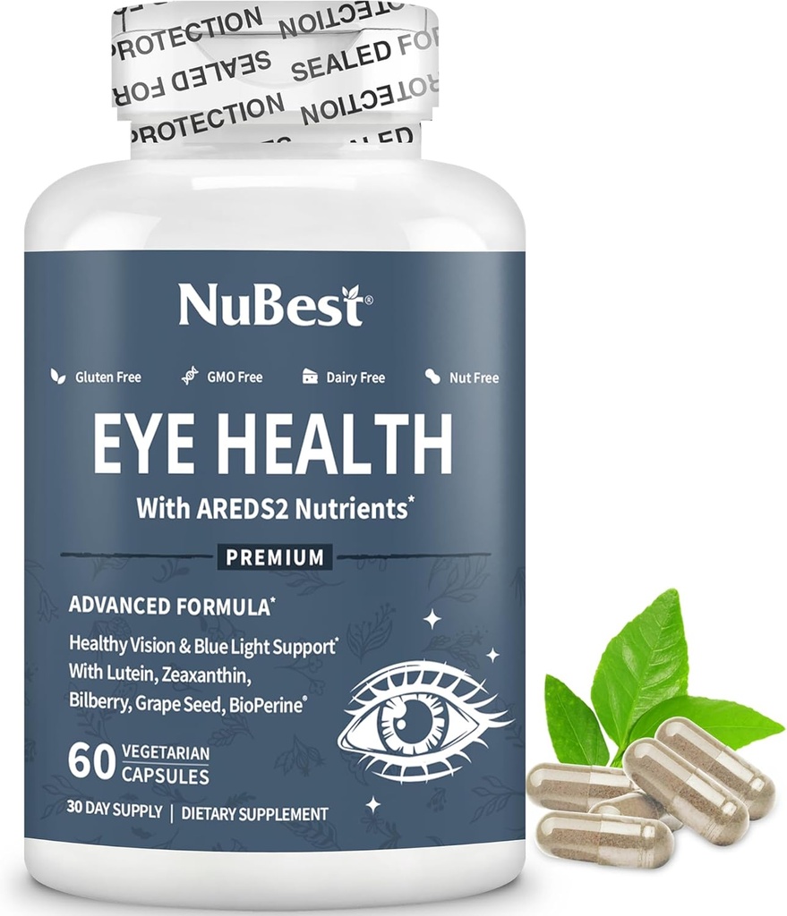 NuBest AREDS 2 Eye Vitamins with Beta Carotene Carrot Powder, 20mg Lutein, 4mg Zeaxanthin, Bilberry, Grape Seed, BioPerine, B-Complex, Multivitamin for Eye Health | 1 Month Supply