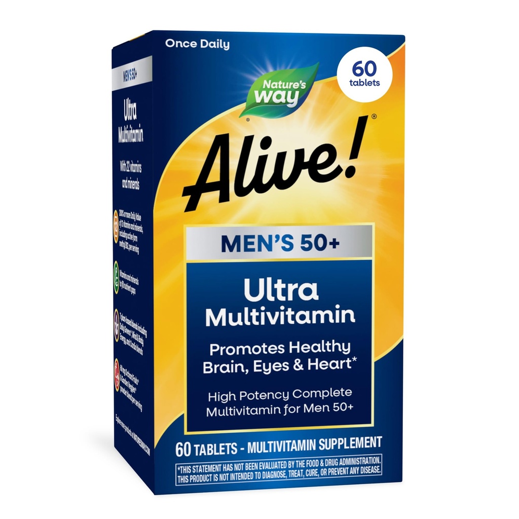 Naturen er i live! Mænds 50 + Daily Ultra Multivitamin, High Potency Formel, understøtter sund hjerne, øjne & hjerte *, med Methylerede B12, Gluten- Free, 60 tabletter (Packaging May Vary)
