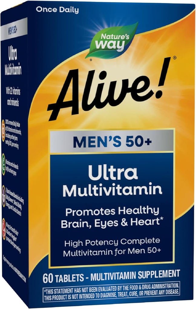 Naturen er i live! Mænds 50 + Daily Ultra Multivitamin, High Potency Formel, understøtter sund hjerne, øjne & hjerte *, med Methylerede B12, Gluten- Free, 60 tabletter (Packaging May Vary)