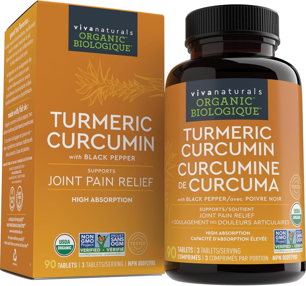 Viva Naturals Gurkemeje Curcumin, 1500 mg, 120 tabletter - med sort peber til Absorption - til fælles støtte & celleforsvar