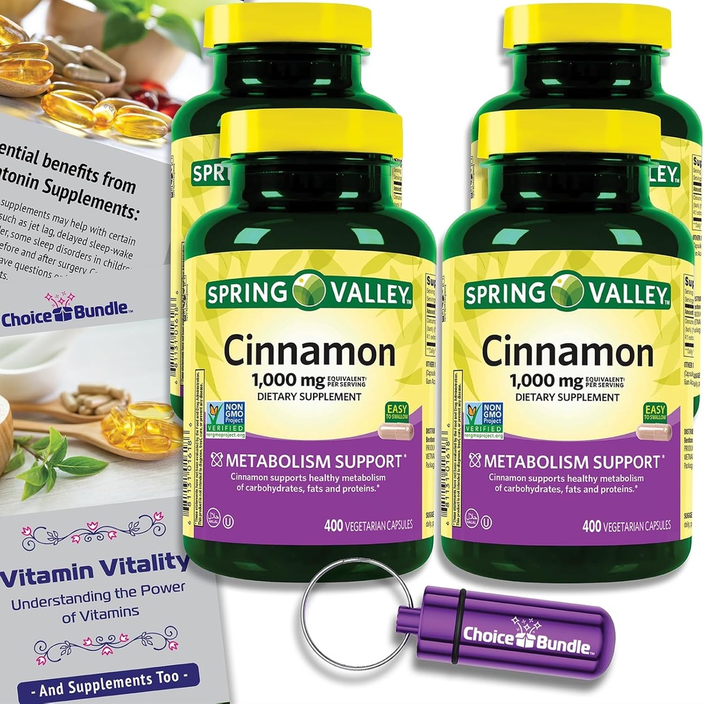 Valg Bundle Spring Valley kanel kost Supplement 1000mg 400 ct vegetariske kapsler 4 pk (1600 i alt) + "Vitality Vitamin" Guide & Pill Container (6 genstande)!