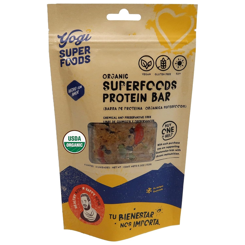 Yogi Super Foods Maca Protein Bars med Cacao for sund energi - Raw, Vegan, Gluten Free, Low Glycemic Superfood Snack Food Bars med Plant Protein, Cocoa Powder & Granola - 4 Barer