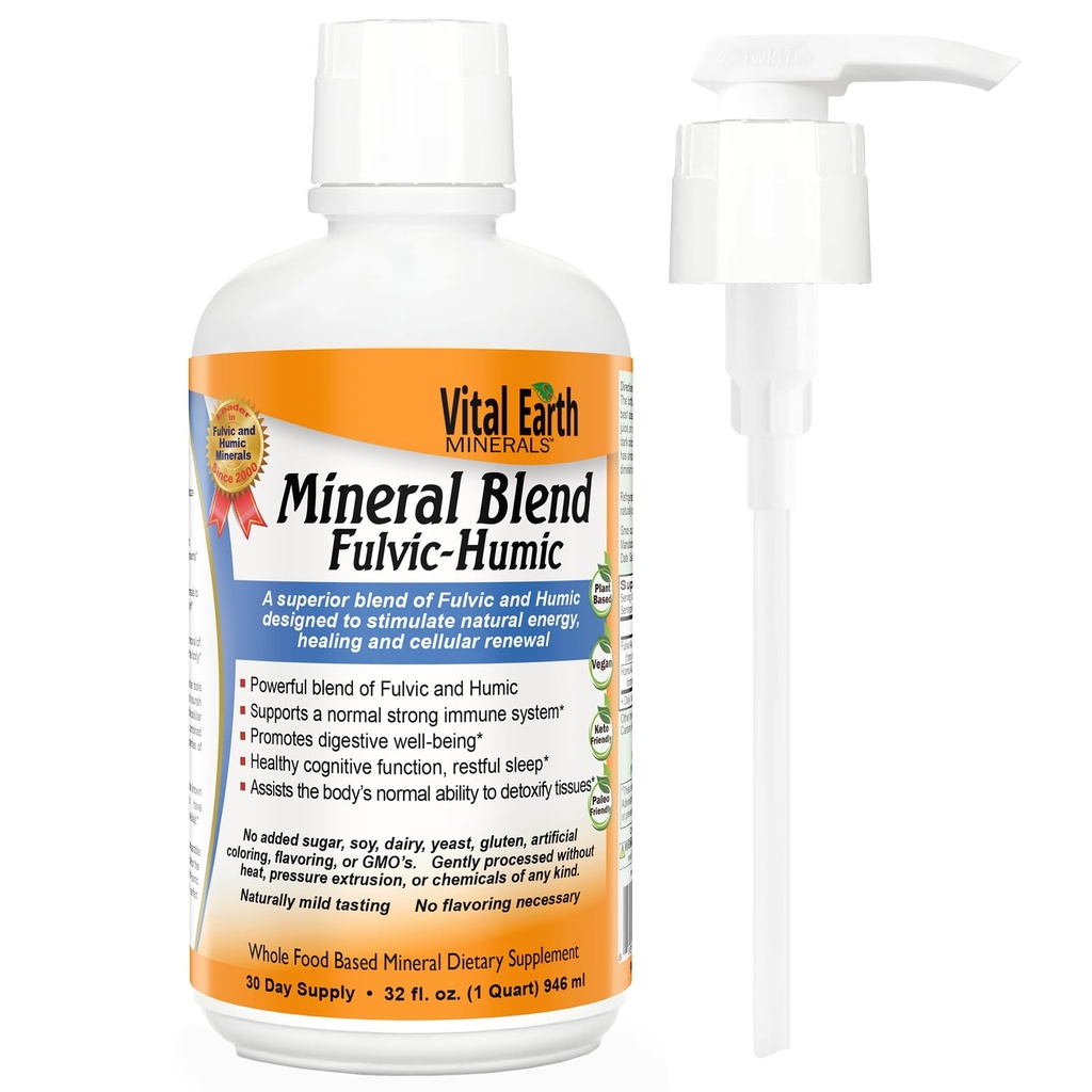 Vital Earth Minerals Fulvic Humic Mineral Blend Liquid med Pump - Fulvic Acid Supplement med 70 + Trace Minerals, Electrolytes for Recovery, Balance & Energy, 32 Oz