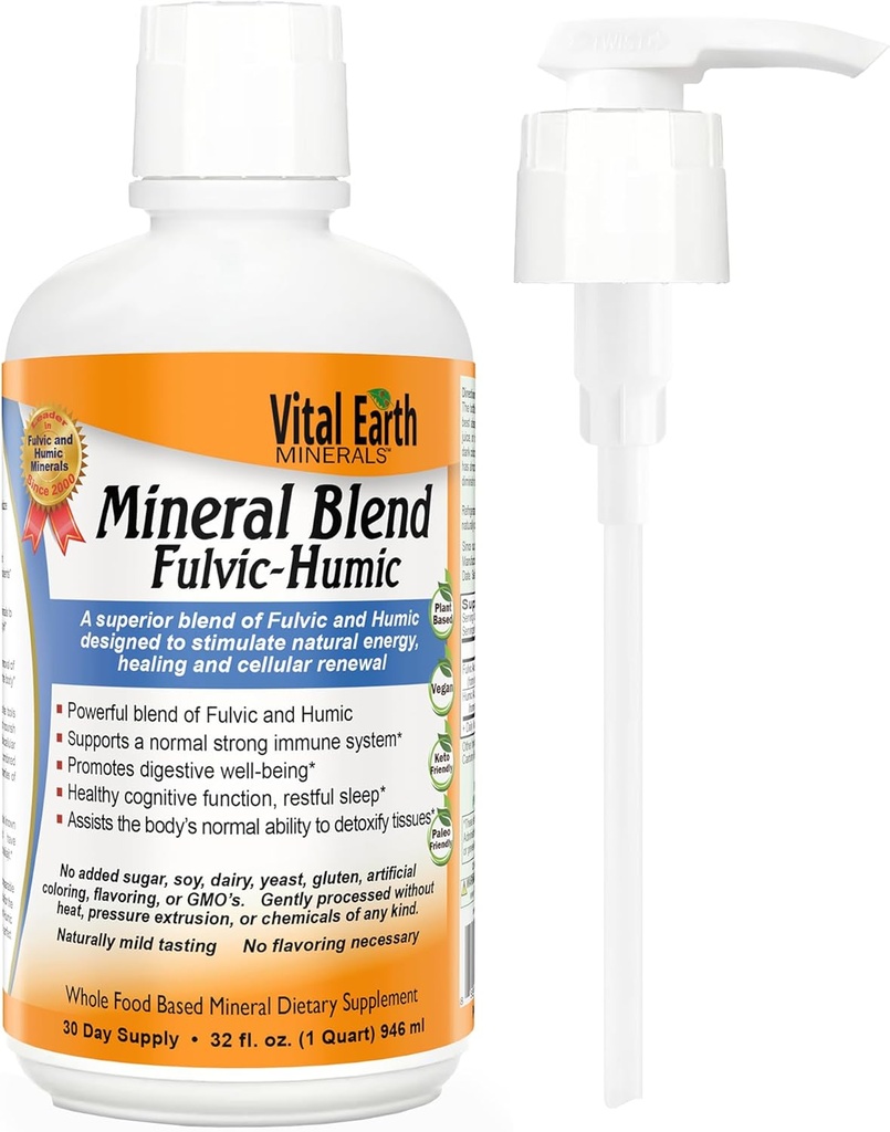 Vital Earth Minerals Fulvic Humic Mineral Blend Liquid med Pump - Fulvic Acid Supplement med 70 + Trace Minerals, Electrolytes for Recovery, Balance & Energy, 32 Oz