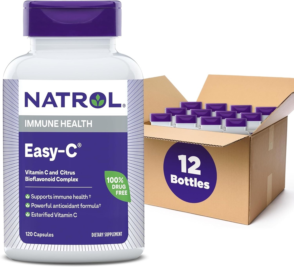 Natrol Easy- C understøtter immunsundhed med C-vitamin og bioflavonoider, Bios Vegi kapsler, 500 mg, 120 greve (pakke med 12)