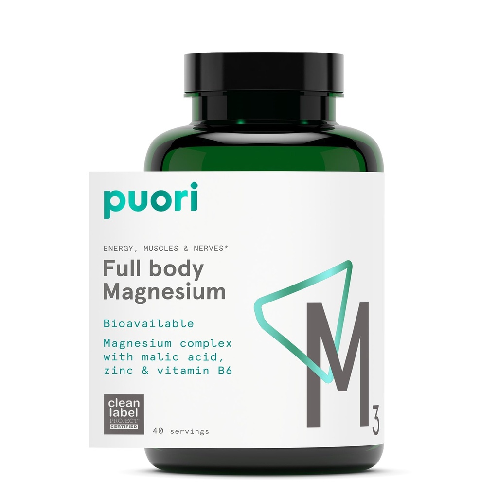 Puori Magnesium Complex Supplement - Høj Absorption Magnesium Taurinat & Gluconat, Zink, vitamin B6 & Malic Acid til sovende støtte, immunforsvar & ben sundhed & muskel Inddrivelse - 120 Veganske kapsler