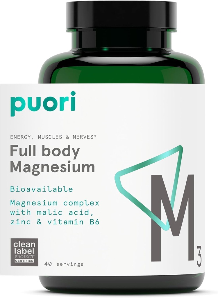 Puori Magnesium Complex Supplement - Høj Absorption Magnesium Taurinat & Gluconat, Zink, vitamin B6 & Malic Acid til sovende støtte, immunforsvar & ben sundhed & muskel Inddrivelse - 120 Veganske kapsler