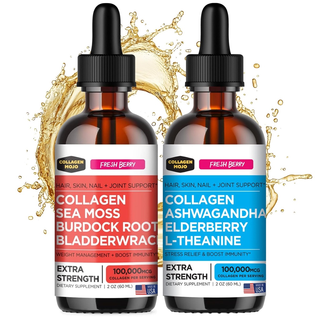 Collagen Mojo Liquid Collagen Peptider med Sea Moss, Burdock Root & Bladerwrack + Liquid Collagen Peptider med Ashwagandha, Elderberry & L- Theanine