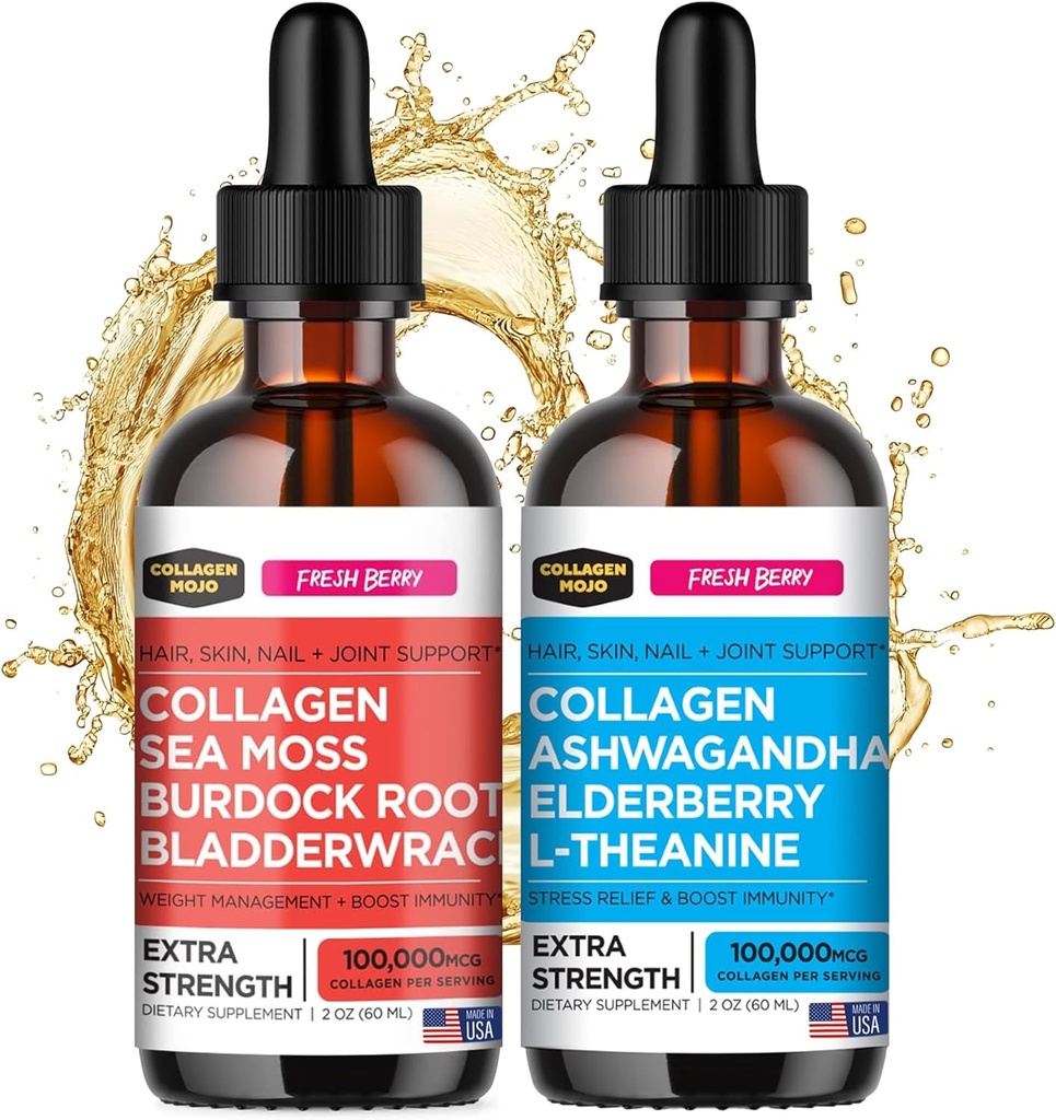 Collagen Mojo Liquid Collagen Peptider med Sea Moss, Burdock Root & Bladerwrack + Liquid Collagen Peptider med Ashwagandha, Elderberry & L- Theanine