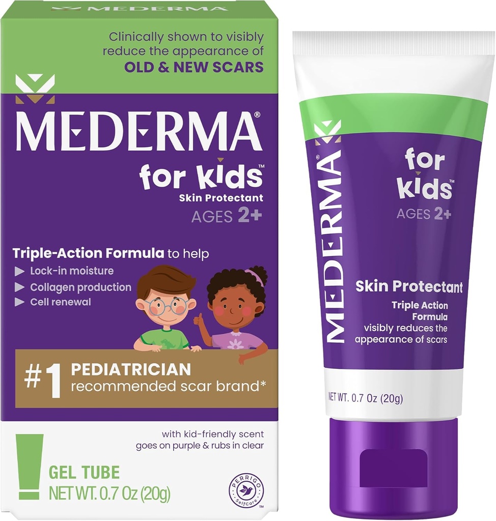 Mederma Scar Gel for Kids - Reducerer udseende af gamle & nye biler fra cuts, Burns, Kirurgi, Insect Bites & Scrapes, Grape Scented, Goes on Purple & Rubs i Clear, Age 2 +, 0.70 Oz