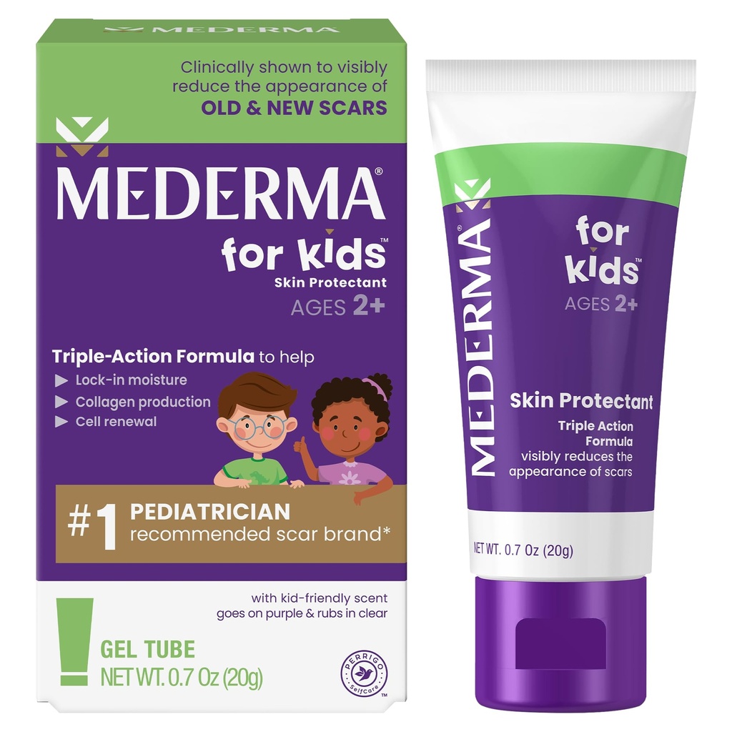 Mederma Scar Gel for Kids - Reducerer udseende af gamle & nye biler fra cuts, Burns, Kirurgi, Insect Bites & Scrapes, Grape Scented, Goes on Purple & Rubs i Clear, Age 2 +, 0.70 Oz