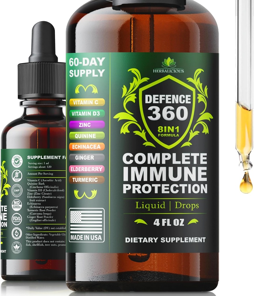 Defence360 immunstøtte 8- in-1 Flydende tilskud med vitamin C, D3, Zink, Elderberry, Echinacea, gurkemeje, Ginger & quinin - Komplet immunforsvar (4 FL OZ)