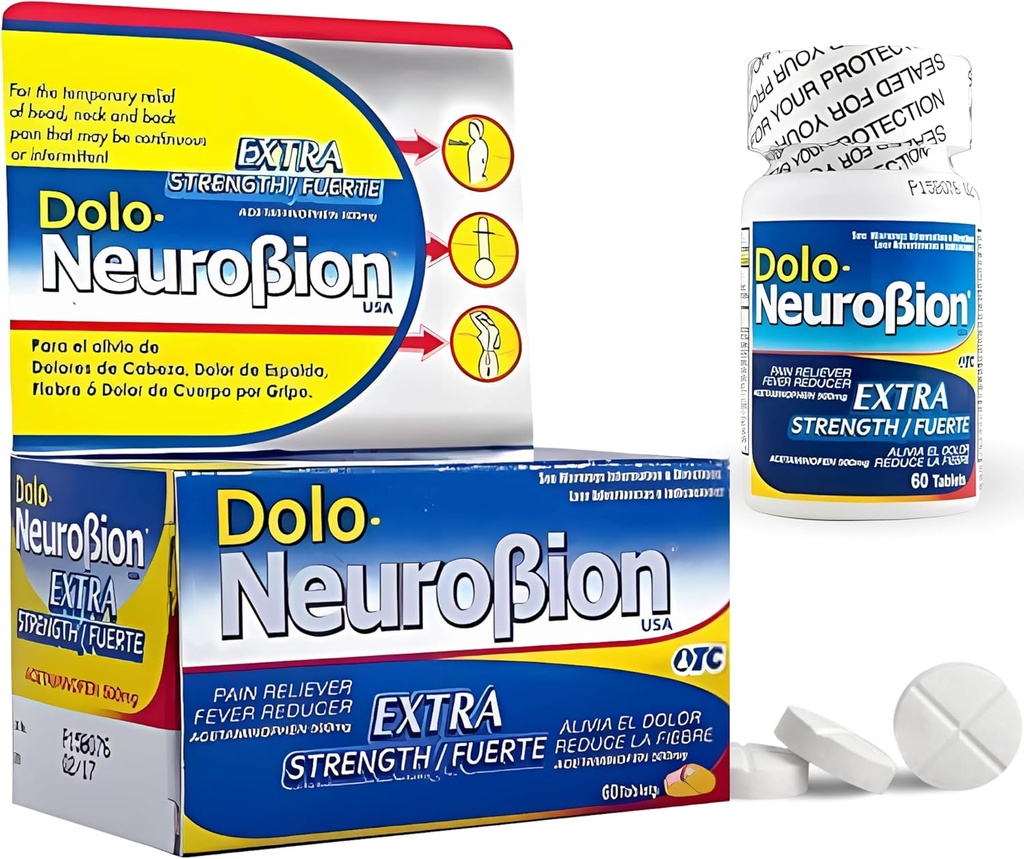 Dolo Neurobion Pain Reliever, Feber Reducer, Ekstra Styrke. Amazel Dolor, Reduce la Fiebre, Extra Fuerte. 60 tabletter. Acetaminophen 500 mg
