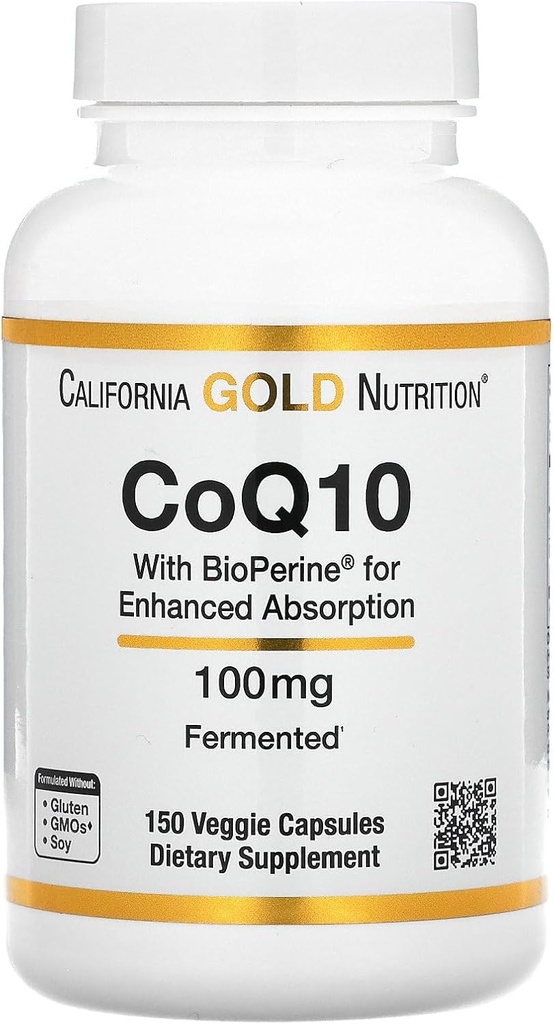 CoQ10 af California Gold Nutrition - USP- Verified, Fermented Coenzym Q10 med BioPerine - Mitokondriel Support - Vegan Friendly - Gluten Free, Non- GMO - 100 mg - 150 Veggie Capsules