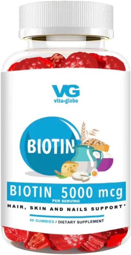 VITA GLOBE Biotin Gummies 5000 mcg - Ekstra styrke hår, hud og negle support - Blandede berry flavor, Vegan, non-GMO gumian vitaminer til kvinder & mænd - 40 greve (pakke med 1)