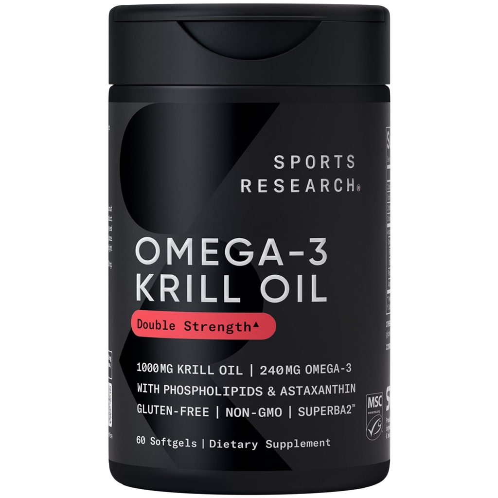 Sport Research Krill Oil Supplement med EPA & DHA Omega 3, Phospholipider & Astaxanthin fra Antarktis Krill - Højeste koncentration af krill olie til mænd og kvinder - 1000mg, 60 Softgel kapsler