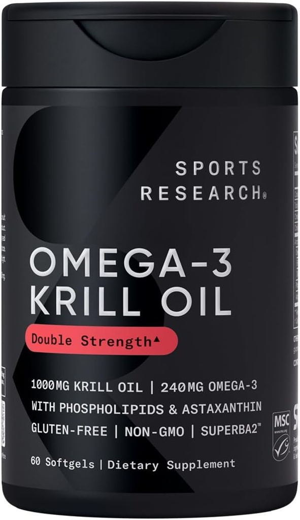 Sports Research ® Omega-3 Krill Oil 1000mg - Pure Antarktis Superba Krill med fosfolipider, Cholin & Astaxanthin - MSC Certified Sustainable · Non- GMO · Gluten Free - 60 Softgels