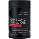 Sport Research Krill Oil Supplement med EPA & DHA Omega 3, Phospholipider & Astaxanthin fra Antarktis Krill - Højeste koncentration af krill olie til mænd og kvinder - 1000mg, 60 Softgel kapsler