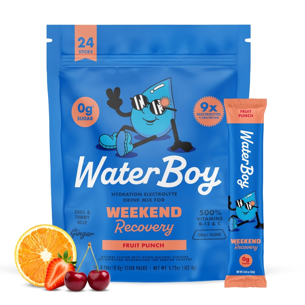 Waterboy Weekend Recovery • 124; 3,200mg Electrolyte Powder Packets • 124; Ginger + L- Theanine + Vitamin • 124; Ingen sukker, alle naturlige, Gluten Free • 124; 24 Drink Stick mixes (Fruit Punch)