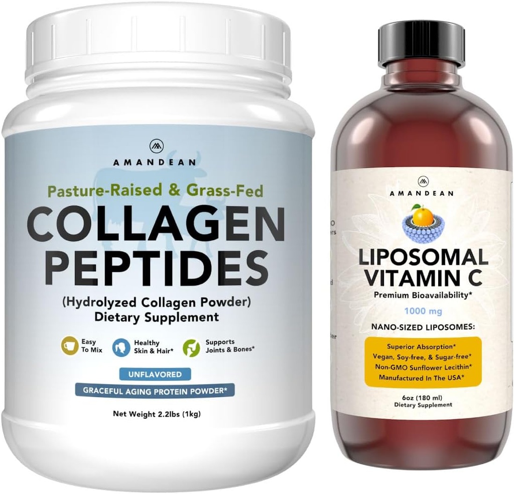 AMANDEAN Premium Liposomal Vitamin C & Bovine Collagen Peptider Bundle. Kraftig antioxidant. Liquid Quality-C. Hydrolyseret type 1 og 3. Immunstøtte. Sund hud, hår og negle