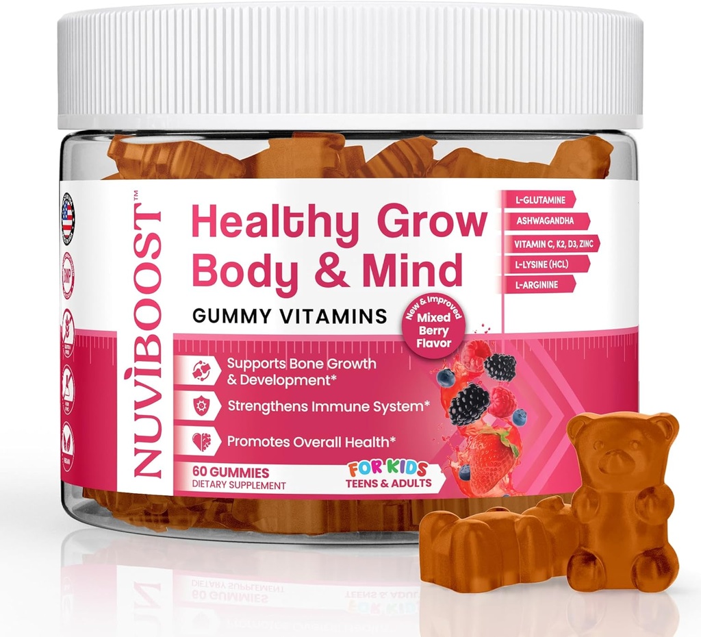 Healthy Grow Height Growth Gummies Rich in Calcium, Vitamins C, D3, K2, L-Arginine, Ashwagandha, and Others, Boost Bone Health & Immunity, Multivitamin, for Kids 5+, Teens and Adults.