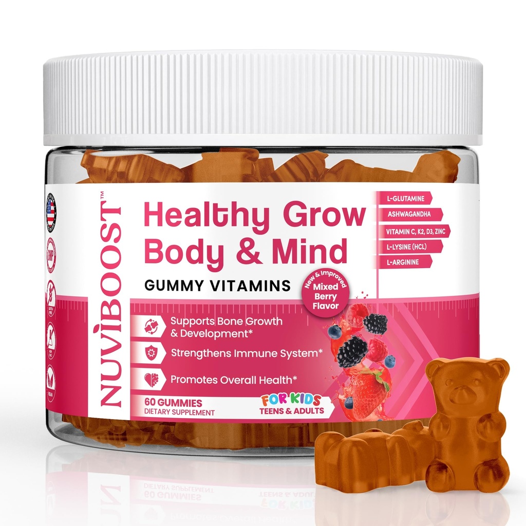 Sund Grow Vækst Gummier rig på calcium, Vitamin C, D3, K2, L- Arginin, Ashwagandha, og andre, Boost Bone Sundhed & Immunitet, Multivitamin, for børn 5 +, Teens og voksne.