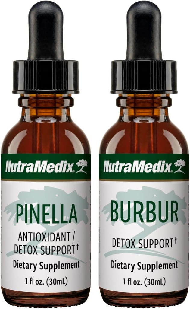 NutraMedic Detox Support Bundle - Flydende dråber til cleansering & Detox Support & Occassional Brain Fog - Pinella Anise Drops & Burbur Uddrag for sund afgiftning (2 Greve, 1 Oz)