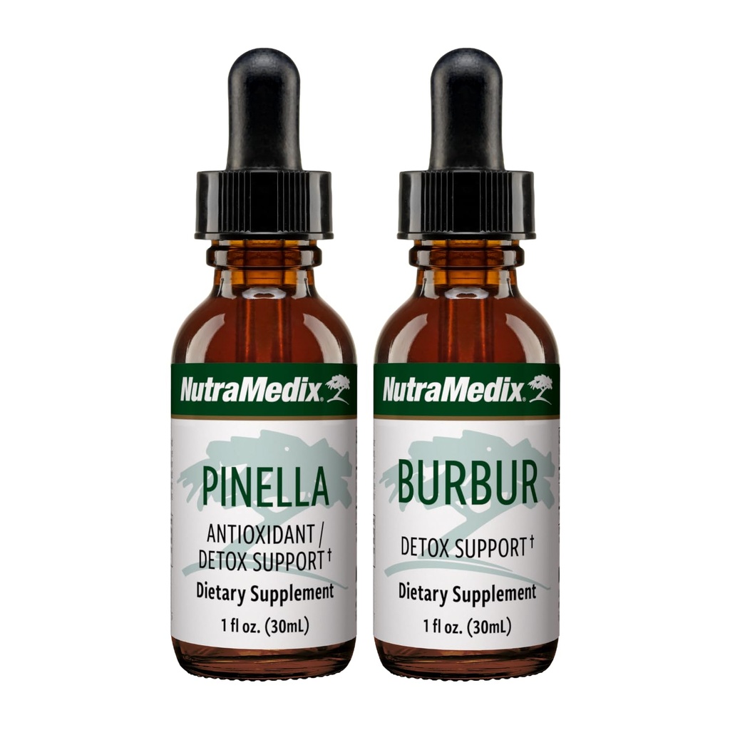NutraMedic Detox Support Bundle - Flydende dråber til cleansering & Detox Support & Occassional Brain Fog - Pinella Anise Drops & Burbur Uddrag for sund afgiftning (2 Greve, 1 Oz)