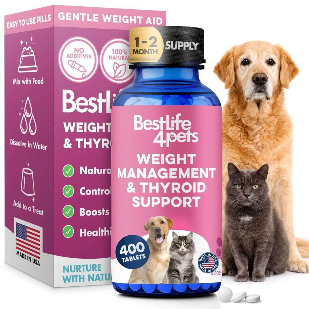 Vægt & Thyroid Support til hunde og katte, Natural Solution for Hunger Control, Metabolisme Support, Optimal Thyroid funktion, Effektiv hund & kat vægttab, 400 Odorless, Tastless Pills