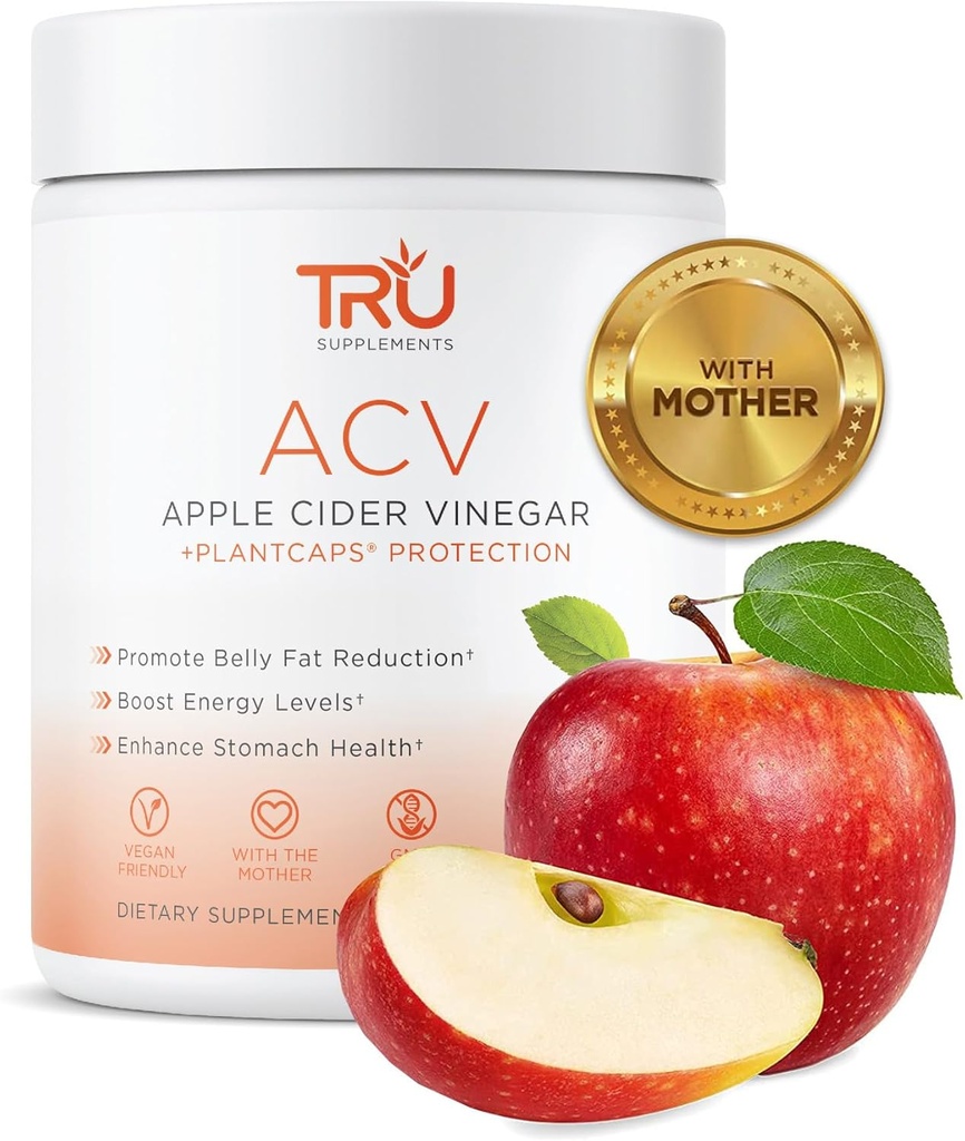 TRU Kosttilskud ACV, Apple Cider Vinciale, Organic ACV med moderen, Forbedrer fordøjelse og hud sundhed, 45 Servering, 1000mg