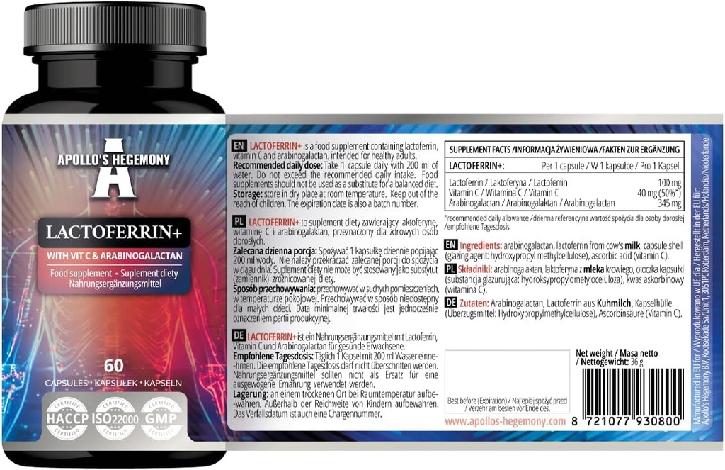 APOLLO 'S HEGEMONY Lactoferrin + 100 mg - med C-vitamin og Arabinogalactan - 60 Vegankapsler - 2 måneders forsyning - for forbedret immunitet og jernabsorption