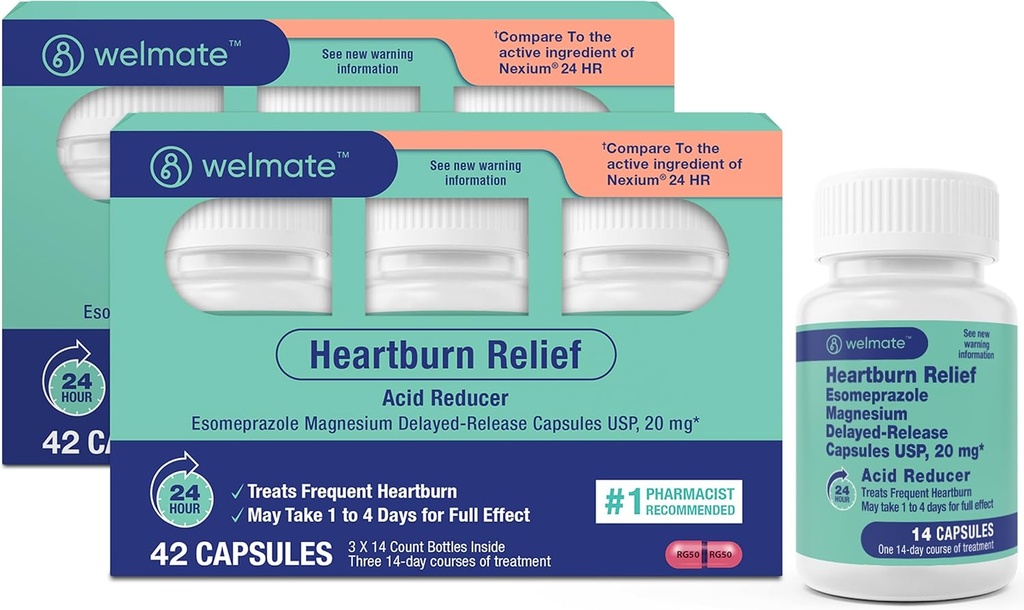 WELMATE - Esomeprazole Magnesium 20 mg - Heartburn Medicine - Acid Reducer - Delayed Release Heartburn Relief - 24hr Protection - for Men & Women - 84 Capsules - 2 Pack
