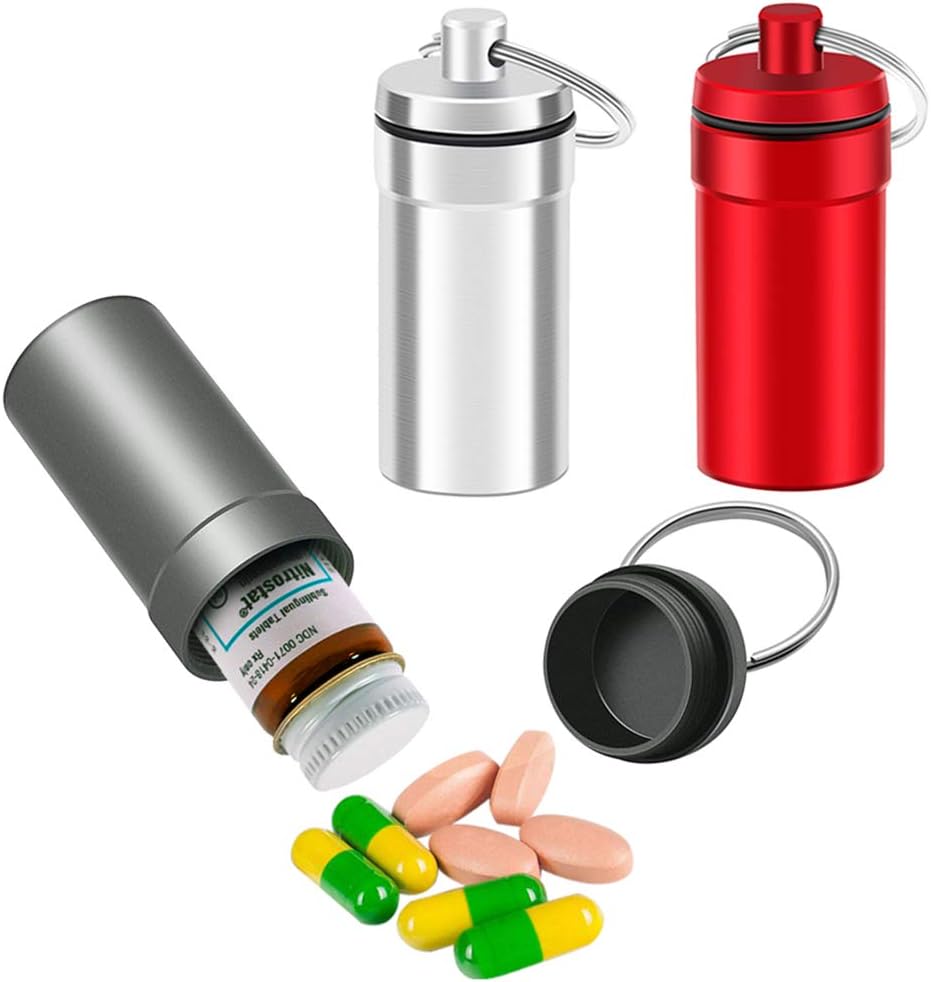 3 Pakninger Vandtæt Aluminium Pill Fob Container, EFFIET Nitro flaske Holder Nitroglycerin Pill Sag Nødsituation Keychain Pill Holder for Medicine Organizer Dispenser (Silver- Matt- Red)