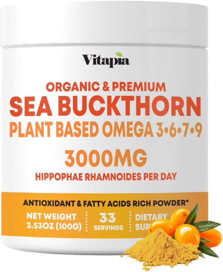 Organic Sea Buckthorn Extract Powder with Natural Omega 7 & Omega 3 6 9 for Heart Health, Skin, Immun Support - 100g Powder Supplement & 33 Day Supply - Non-GMO, Gluten- Free, Vegan- Friendly