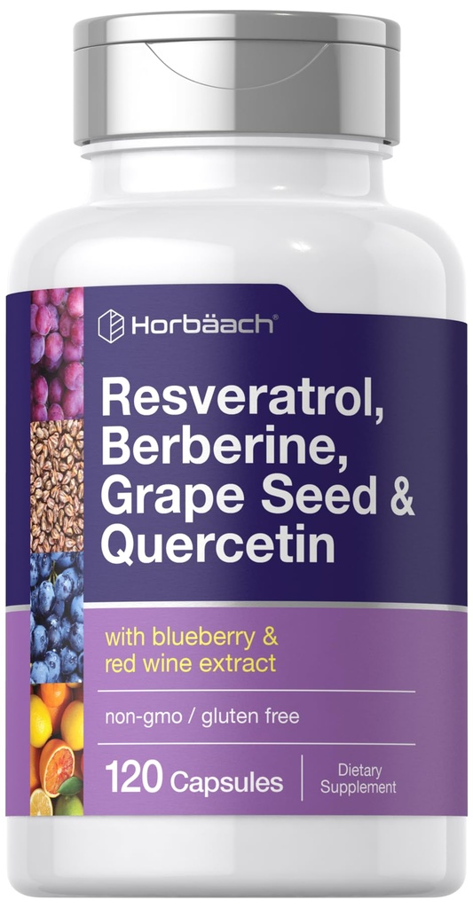Horbäach Resveratrol Berberine Grape Seed & Quercetin Dex124; med blåbær & rød vin Extract 124; 120 Kapsler Dex124; Non- GMO, Gluten Free & Vegetarian Supplement