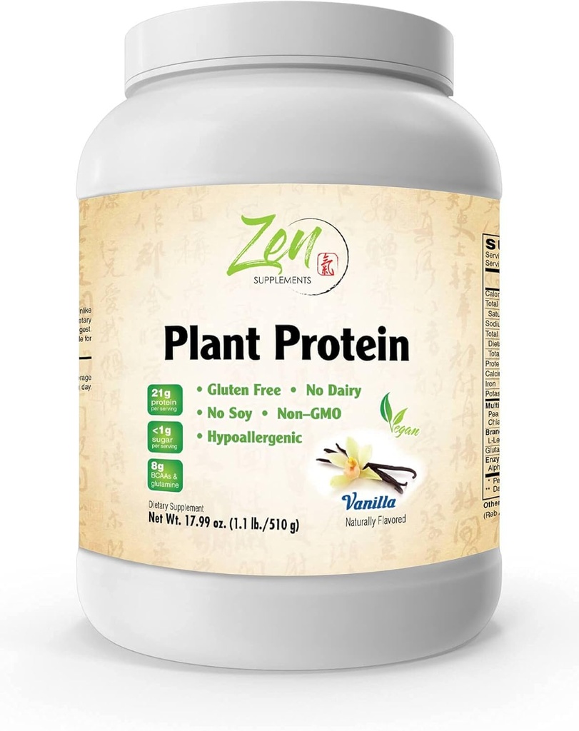 Zen Supplements - Plant Protein- Vanilla 510G 1.1LB- Powder- 25 Gram Protein Per Serving -Vegan, Lavnettarmaturer, Non Dairy, Gluten Free, Lactose Free, No Sugar Added, Soy Free, Kosher, Non-GMO