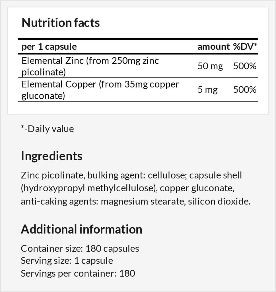Z- Balance - Zink 50mg + Cooper 5mg - 180 Vegankapsler - 6 Måneder Supply - Zink picolante og Cooper gluconate supplement til sundt hår, hud og negle - af Apollos Hegemony