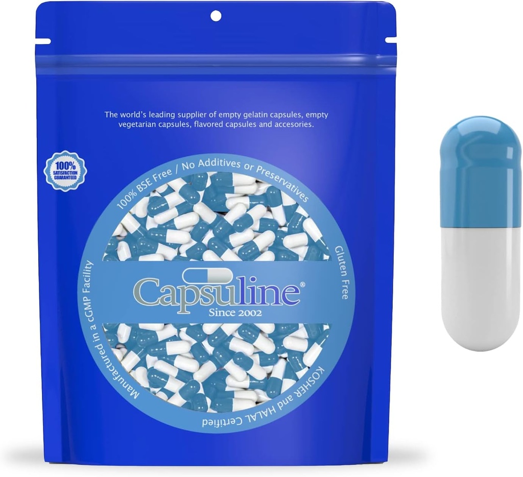 Capsulin Farvet Størrelse 0 Tomme Gelatine Kapsler Blå / Hvid 5000 Tæller # 124; Kosher & Halal Certified # 124; Gluten Free