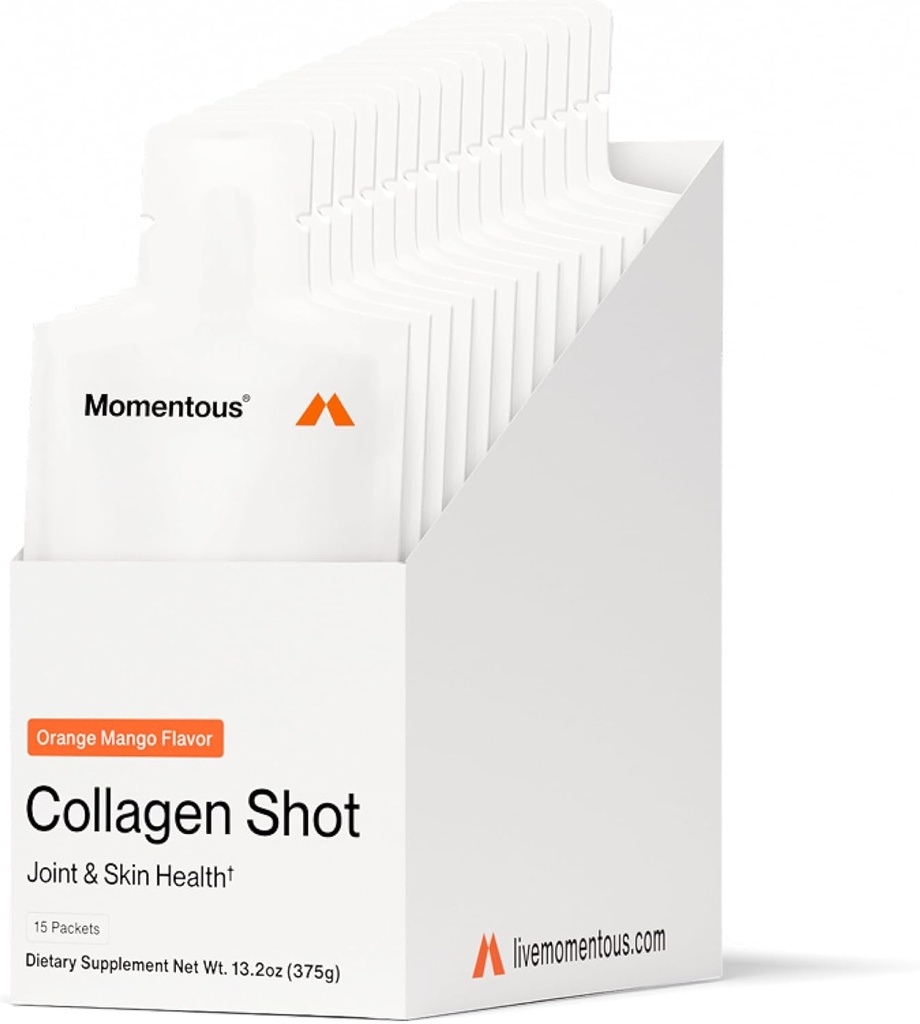 Momentous Collagen Shot Supplement - Hydrolyzed Bovin Collagen & C-vitamin til at hjælpe med at understøtte fælles, ben, & Connective Tissue Health - NSF Certified for Sport - Mango Orange - 25g / Servering - 15 Servering
