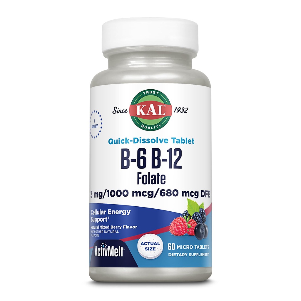 KAL vitamin B- 6, B- 12 & folinsyre supplement, hjerte sundhed, energi & røde blodceller Support *, med vitamin B12 Methylcobalamin & folat, naturlige berry flavor, 60 Servering, 60 ActivMelt Micro Tablets