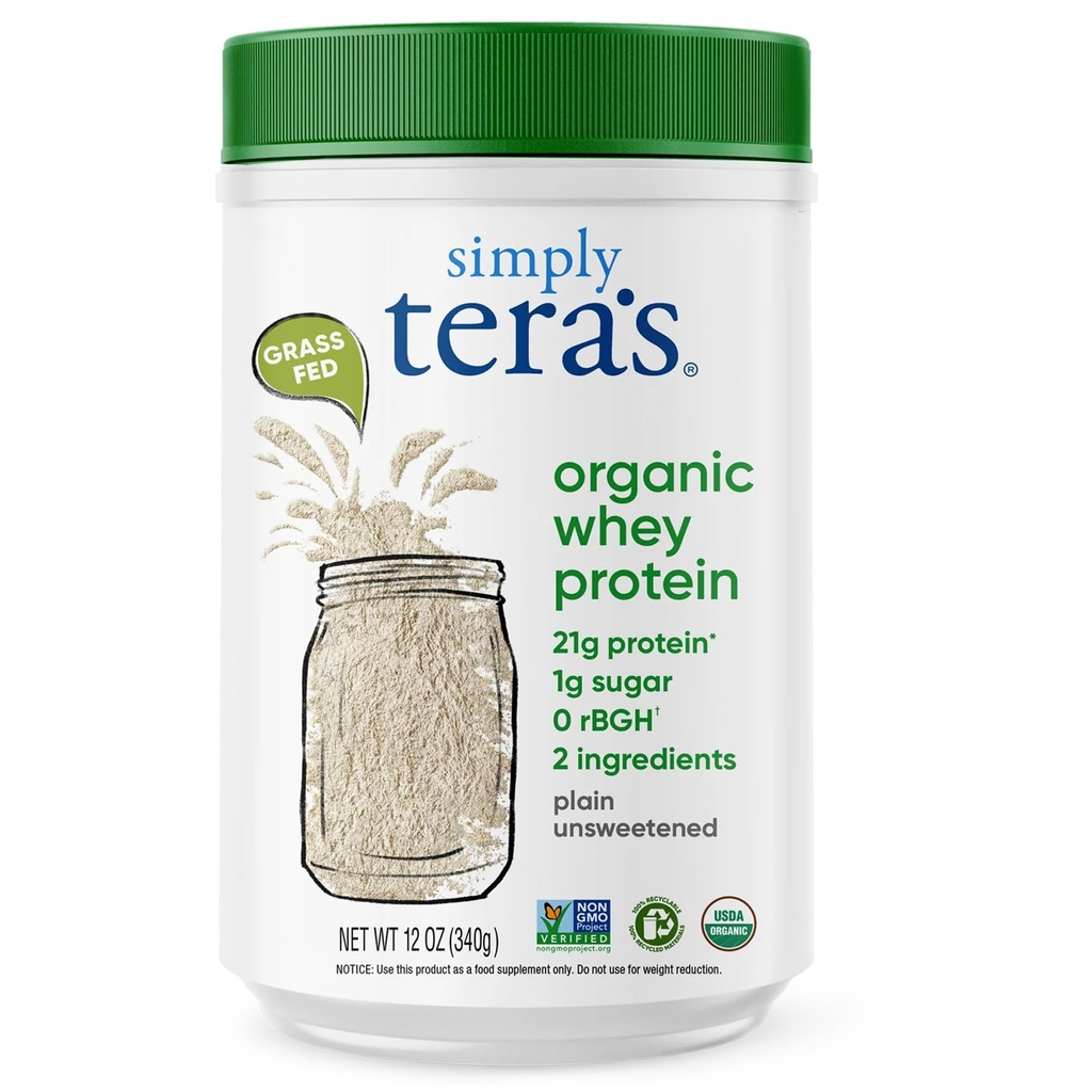simpelthen tera 's Organic Whey Protein Powder - Græs Fed Whey Protein Powder uden kunstige sødestoffer, Unflavored, Non- GMO, Kosher, Gluten- Free - Plain Unsweeened 12 Oz.