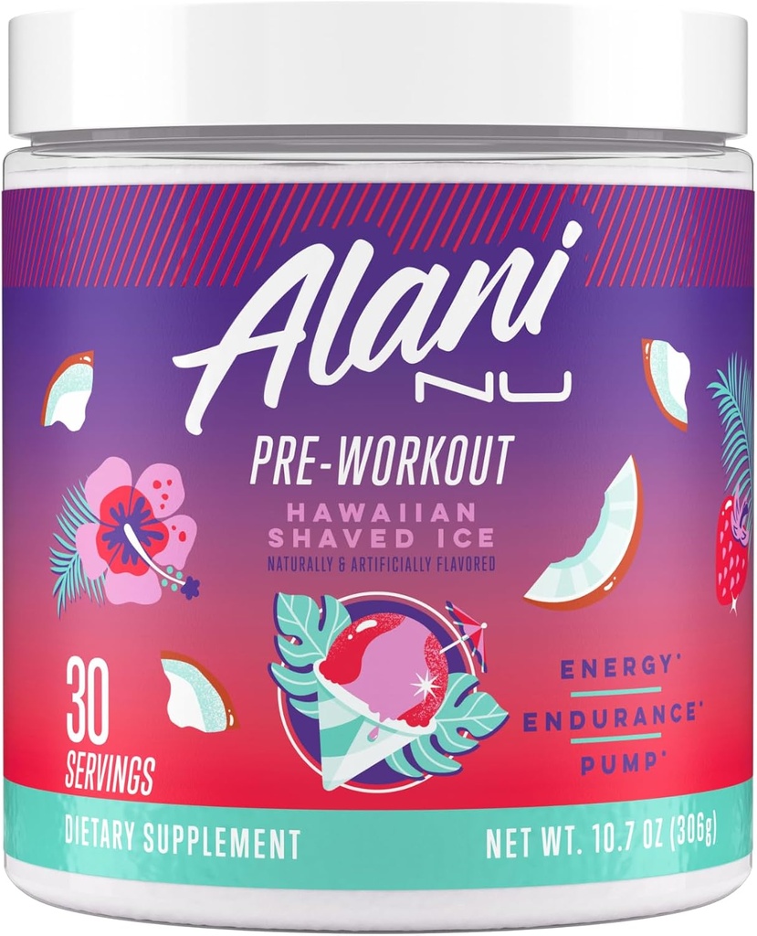Alani Nu Pre Workout Powder Hawaiian Shaved ICE, Amino Energy Boost, Endurance Supplement, Sugar Free, 200mg Kaffein, L- Theanine, Beta- Alanine, L- Citrullin, 30 Serveringer