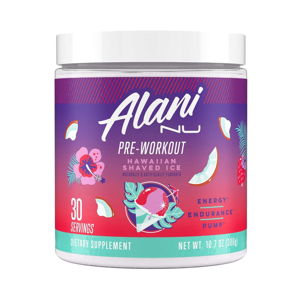 Alani Nu Pre Workout Powder Hawaiian Shaved ICE, Amino Energy Boost, Endurance Supplement, Sugar Free, 200mg Kaffein, L- Theanine, Beta- Alanine, L- Citrullin, 30 Serveringer