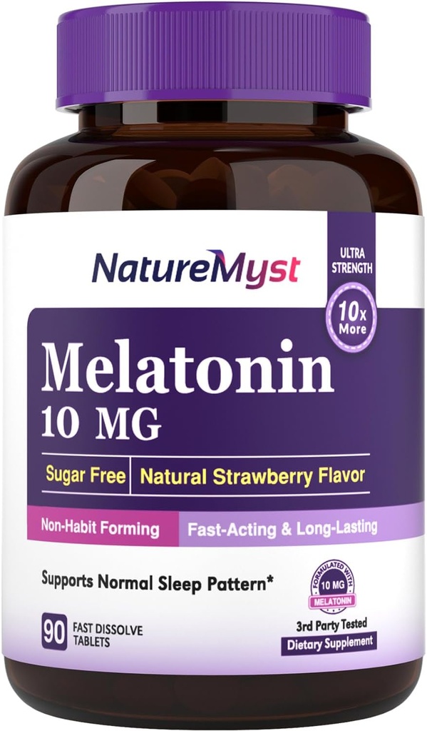 Melatonin 10 MG, Fast Opløs tabletter, Ultra Styrke, Non-Habit Forming, Sleep & Calmness Support, Ingen Sukker, Natural Strawberry Flavor, 90 tabletter