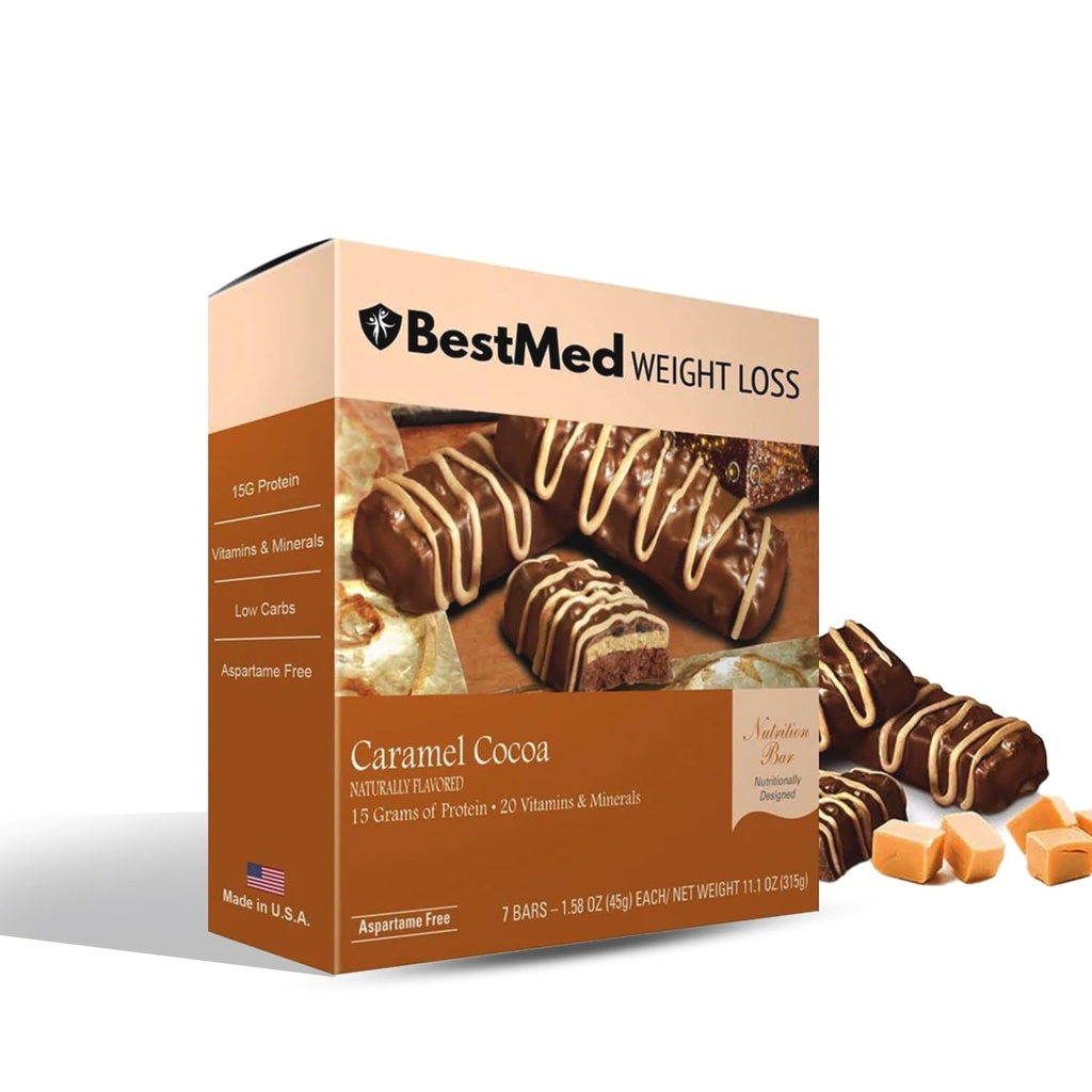 BestMed - High Protein Nutrition Bar - Low- Carb, 15g Protein, Low Sugar, High Fiber, Low Calorie, Meal Erstatning Bar (Karamel Kakao, 1 Box - 7 Greve)