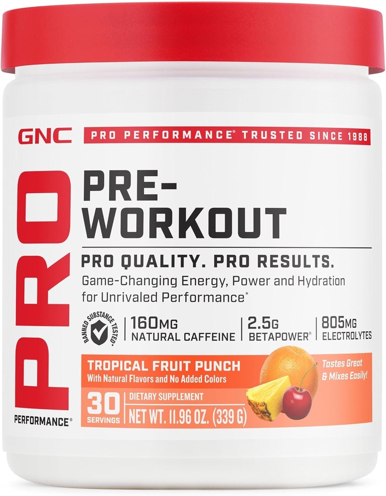 GNC Pro Performance Pre Workout Pulver til mænd og kvinder, Energi, Hydration, Fokus, Sukker Free, Gluten Free, Performance Supplement, Tropical Fruit Punch, 30 Servering