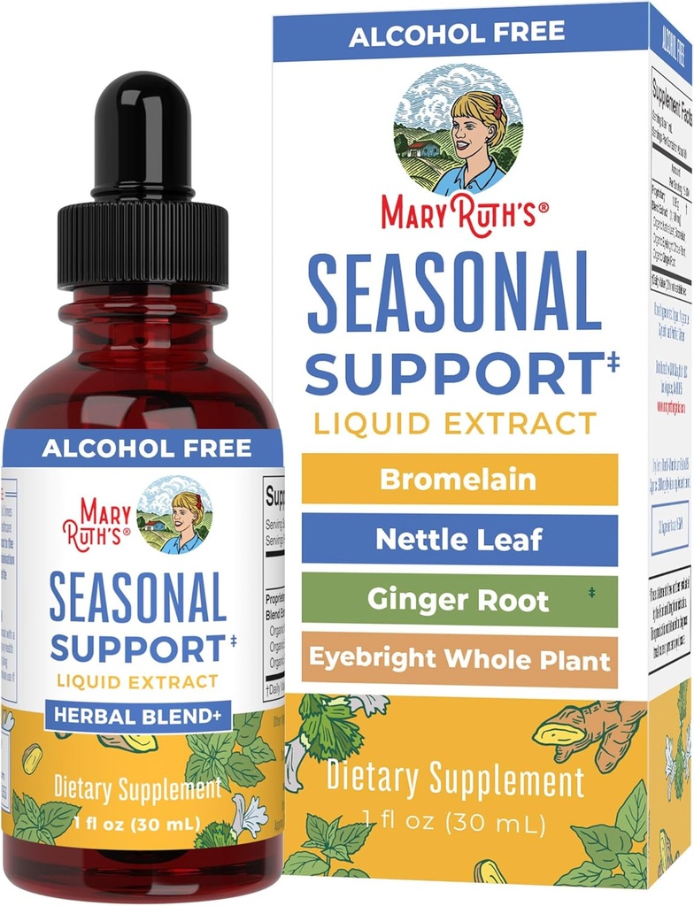 MaryRuth Organics Seasonal Support Liquid Extract Herbal Blend Ginger Root- Root- 124; Bromelain - 124; Organic Nettle Leaf 124; 4 Herbal Blend - 124; Traditional Herbs - 124; Non- GMO - 124; Vegan - 124; Gluten Free - 124; 1 Fl Oz