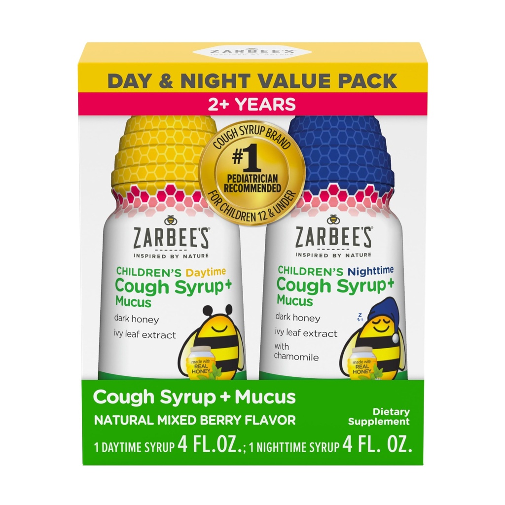 Zarbee 's Children' s Honey Hough Syrup + Mucus Day & Night Value Pack, Daytime & Nighttime Toddler Hough Syrup, Dark Honey, Ivy Leaf Extract, Kamille, Blandet Berry Flavor, 2X 4 Fl Oz